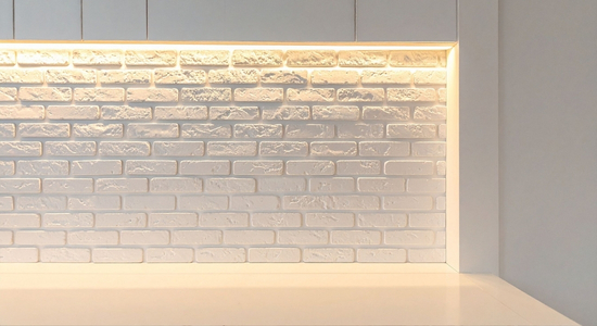 White Brick Backsplash with LED Lighting