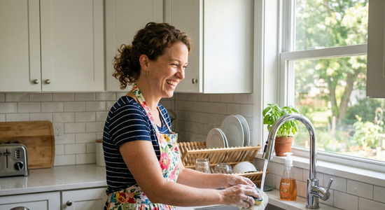 Woman happily washing dishes with new kitchen backsplash