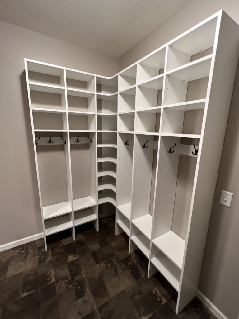 custom closet shelves and hooks installed in a Indianapolis, IN, area home's mudroom