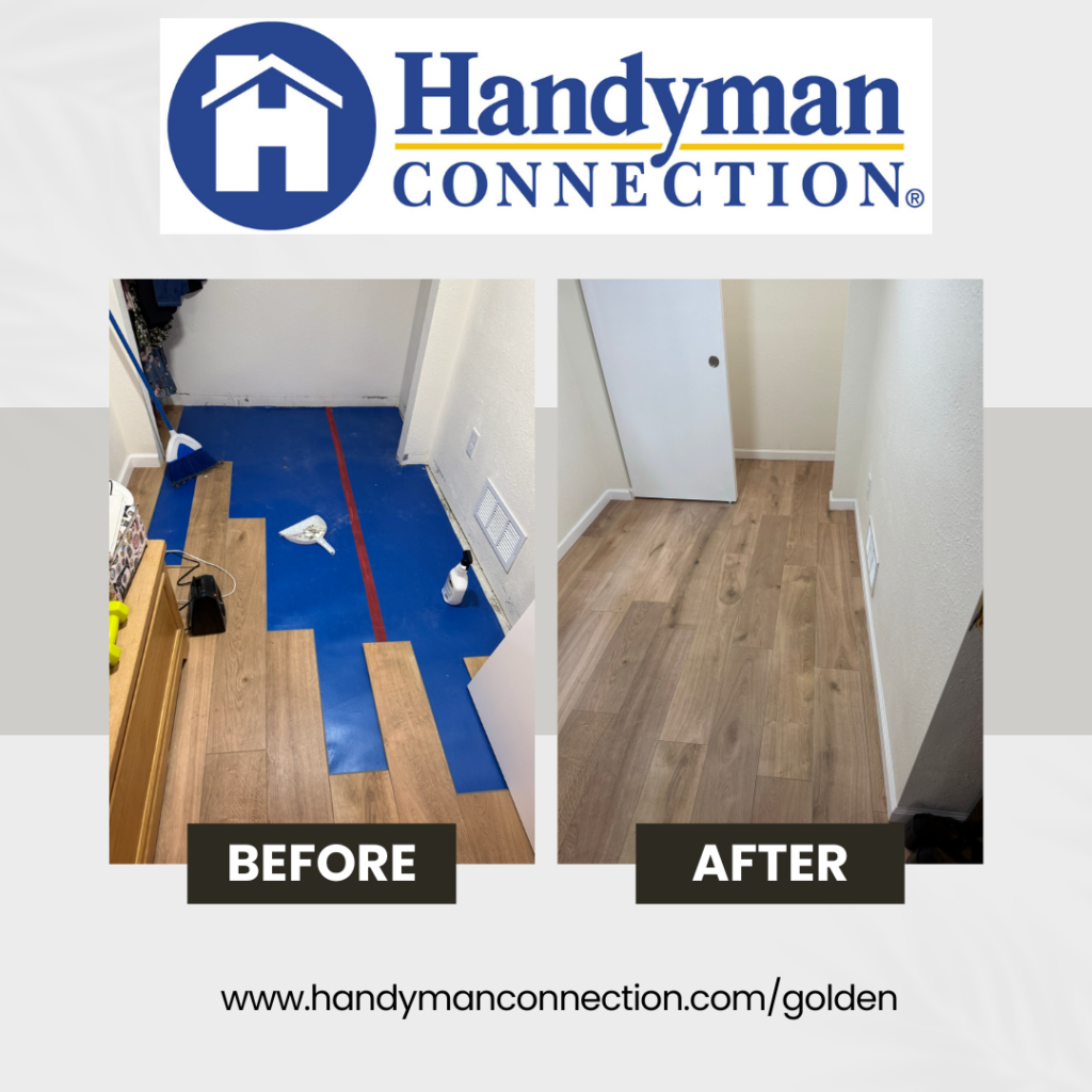 before and after images of a flooring installation project completed by our Evergreen handyman crew