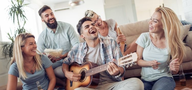 Friends having fun in the basement