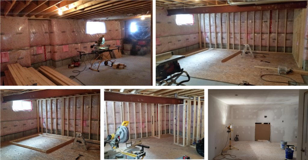 finished basement project in progress starting with a concrete floor and no walls, then added framework and drywall.