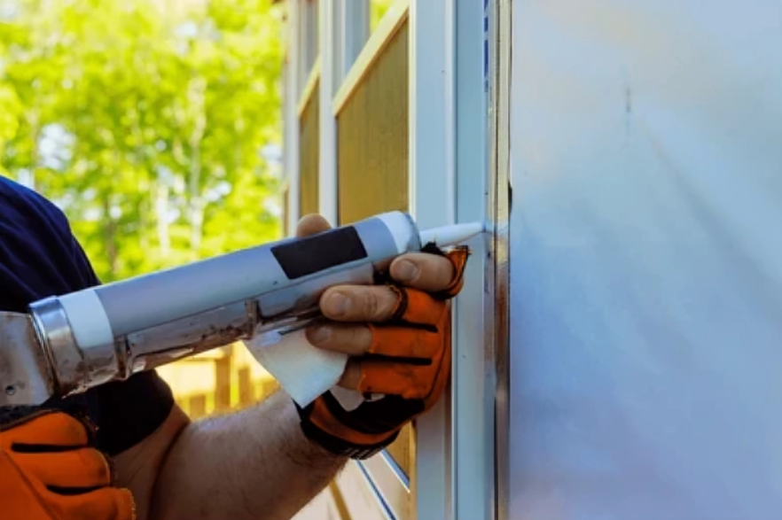 handyman applying caulking to a window in Bennett, NE