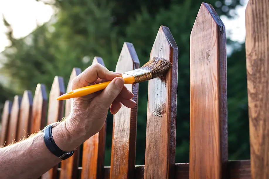 fencing handyman applying stain to a wooden fence in Clarkston, MI