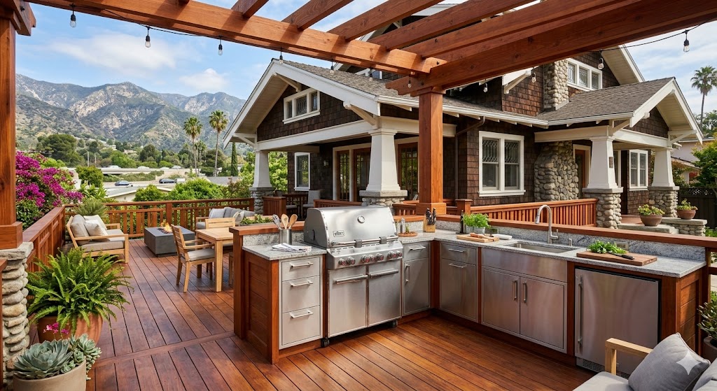 Professional deck repair and outdoor kitchens Pasadena featuring custom deck builders craftsmanship on a 1920s bungalow.