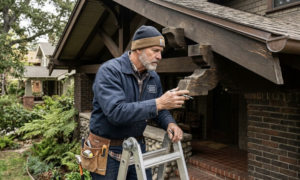 A close-up of a professional handyman inspecting a wooden rafter tail on a classic Pasadena Craftsman home.