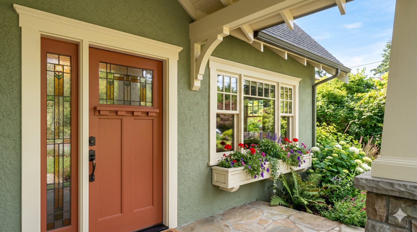 Sage-green stucco Craftsman home exterior with terracotta door in Pasadena showing warm earthy 2026 exterior paint colors