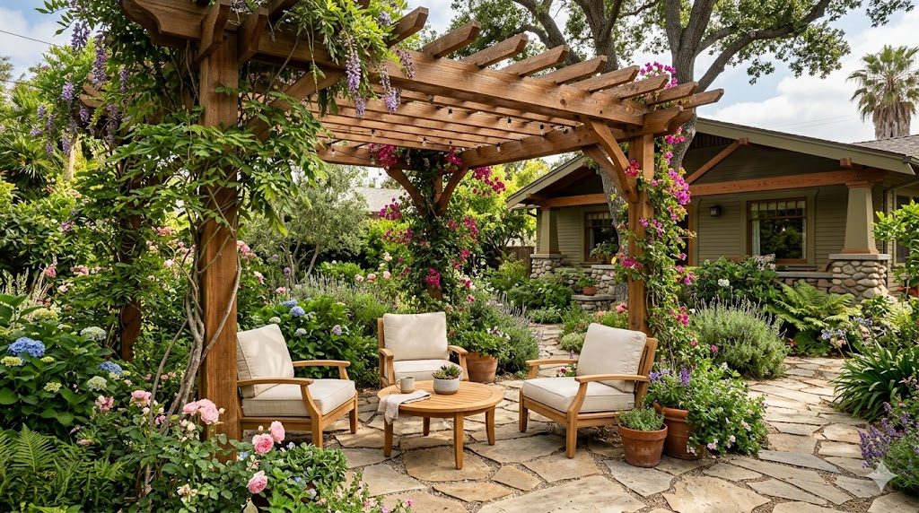 Cedar pergola installation in a Pasadena backyard creating a shaded outdoor living space with dappled light