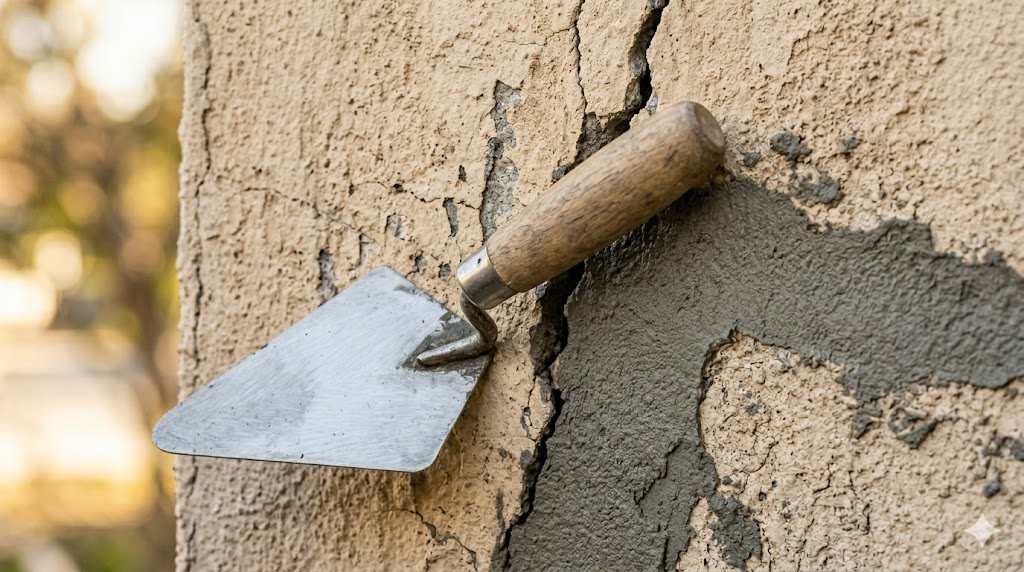 Metal trowel applying fresh patching mortar to a cracked exterior stucco wall in Pasadena