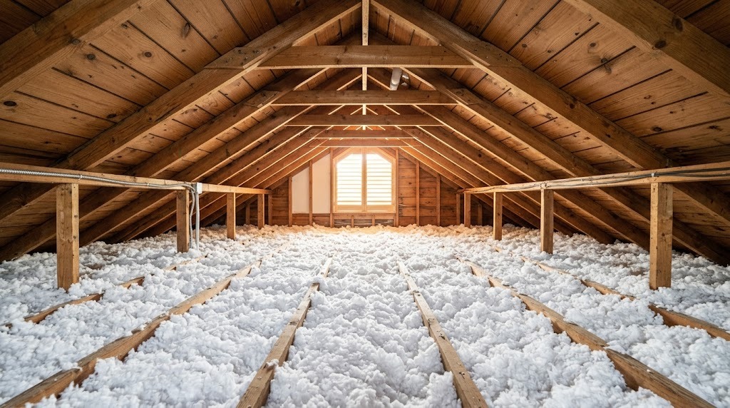 Fresh white blown-in fiberglass insulation between wooden joists in a Pasadena home attic at R-38 depth