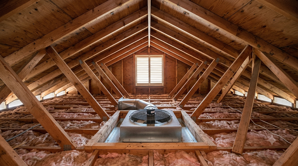 Attic interior of a California home showing a whole house fan unit, wooden rafters, vents and insulation — attic ventilation for Pasadena summer cooling