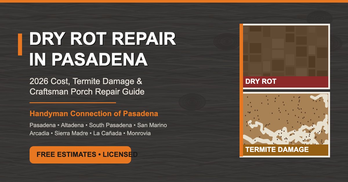 Dry rot repair in Pasadena CA showing cube-shaped dry rot cracking next to termite damage galleries on Craftsman home wood