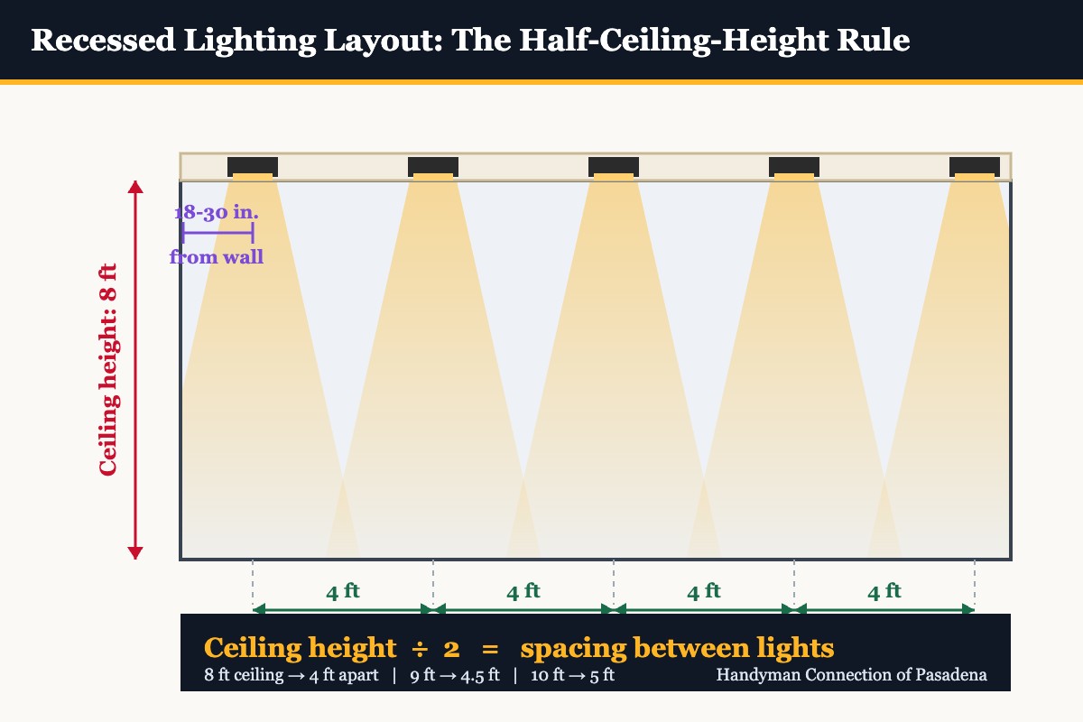 Recessed lighting layout diagram showing the half-ceiling-height spacing rule: 4 feet between lights on an 8-foot ceiling and 18 to 30 inches from the wall