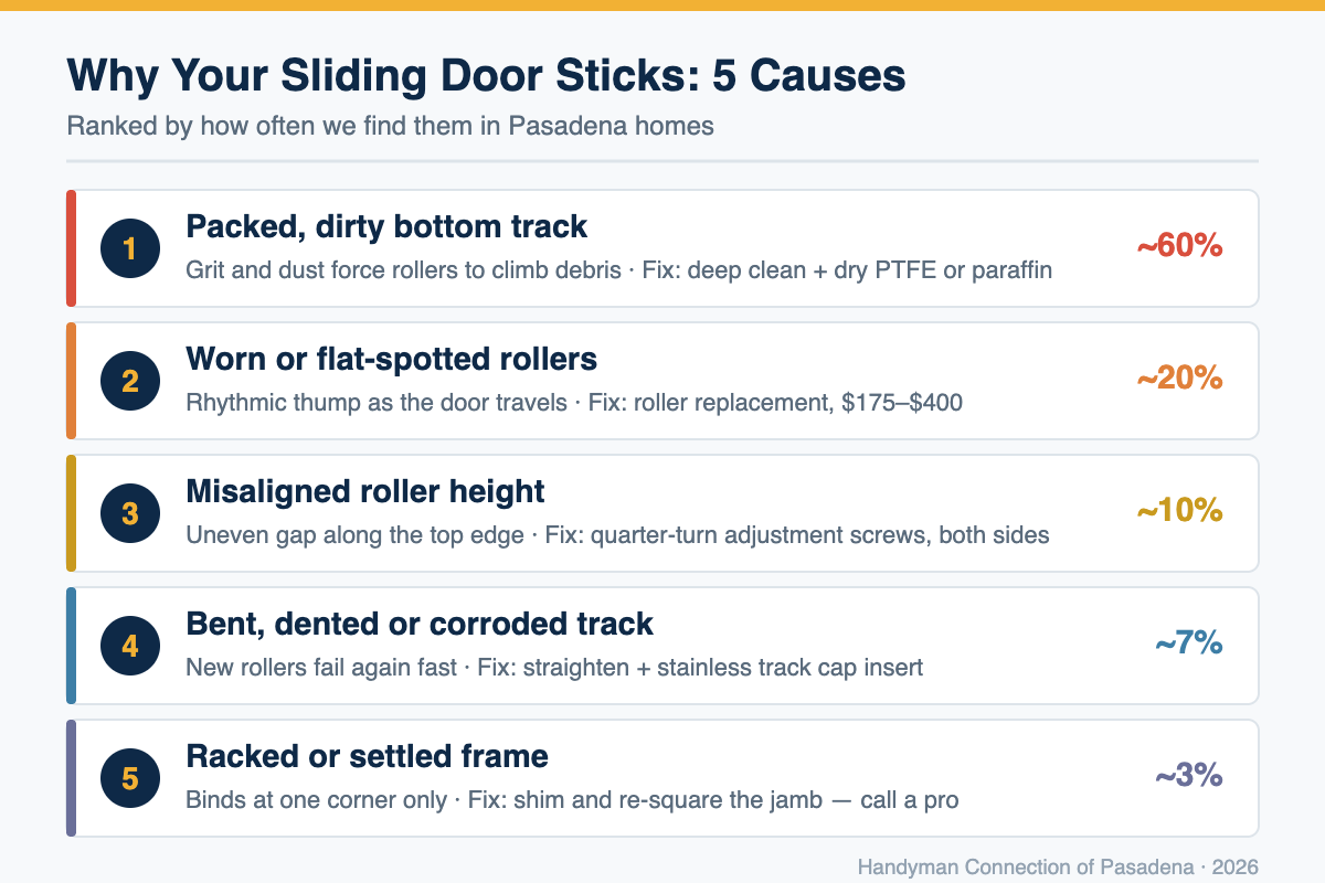 Diagnostic chart ranking the five causes of a sticking sliding glass door in Pasadena homes: dirty track, worn rollers, misaligned rollers, bent track, and a racked frame