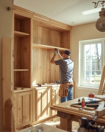 Man install custom built-in bookcases in living room