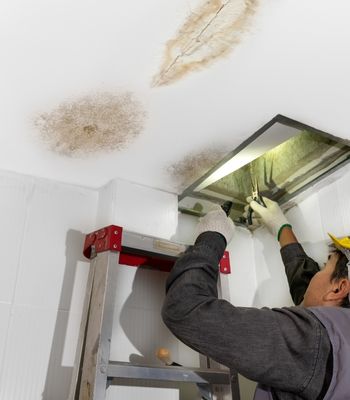 Worker fix leaking pipe in ceiling
