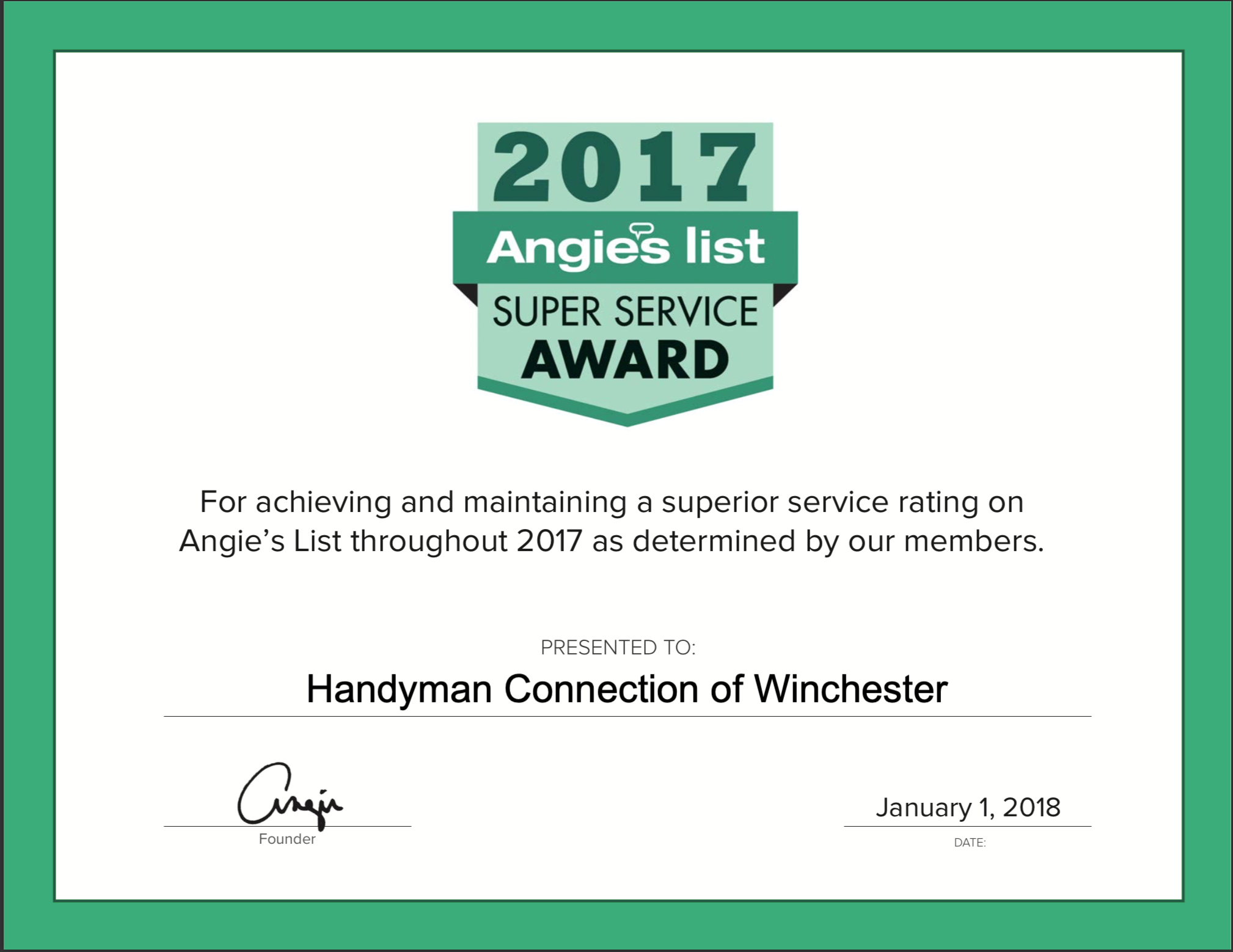 Angie's List Super Service Award - Handyman Connection of Winchester